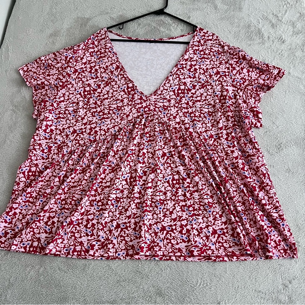 Women’s Top Red Floral V-Neck Short‎ Sleeve T Shirt Blouse  Casual Boho Flowy XL